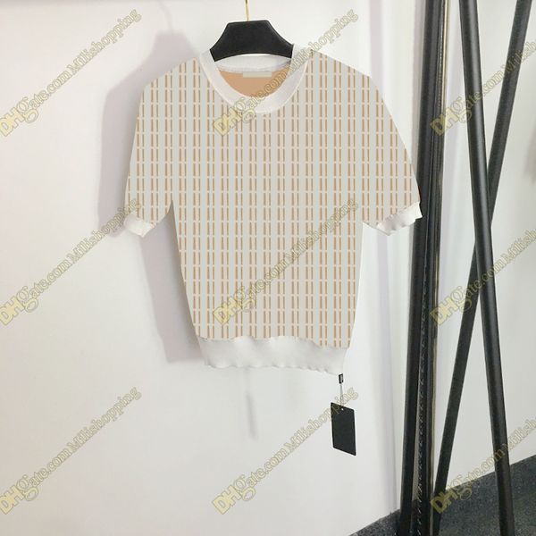 

women designer knitted t-shirt apricot jacquard short sleeve sweater, White