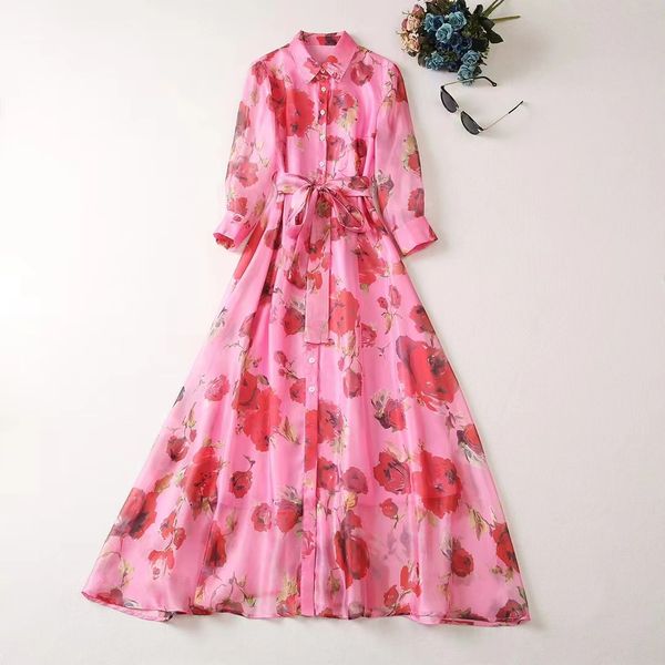 

european and american women's clothes 2023 summer new seven-point sleeve lapel flower print single breasted belt pink dress xxl, Black;gray