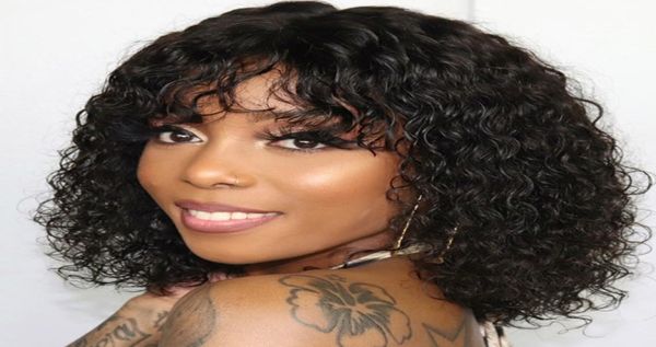 

4x4 curly lace closure wig brazilian human hair wigs with bangs for black women 150 remy hair short bob wig3647505