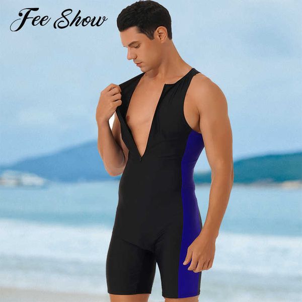 

men's swimwear summer men one-piece swimwear swimsuit sleeveless front zipper swimming shorts bodysuit triathlon wetsuit bathing suit b