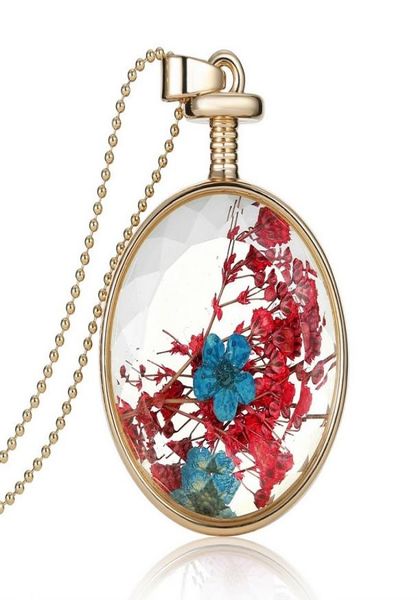 

beautiful driedj flowers crystal glass pendant necklace long gold bead chain necklace for women fine jewelry gift1058982, Silver