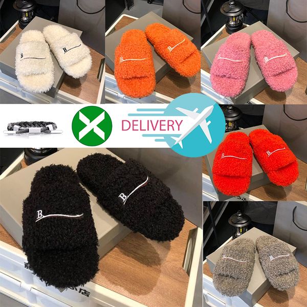 

2023 luxury slides paris designer men women slippers ladies wool winter fur fluffy furry warm letters sandals comfortable fuzzy girl flip fl, Black