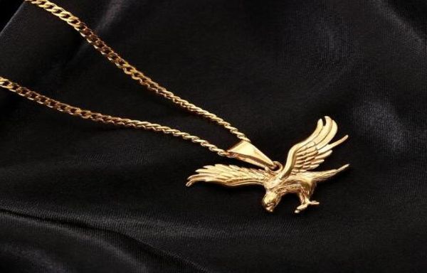 

flight eagle necklace pendant gold color stainless steel hawk wing animal mens jewelry whole hiphop necklace1381887