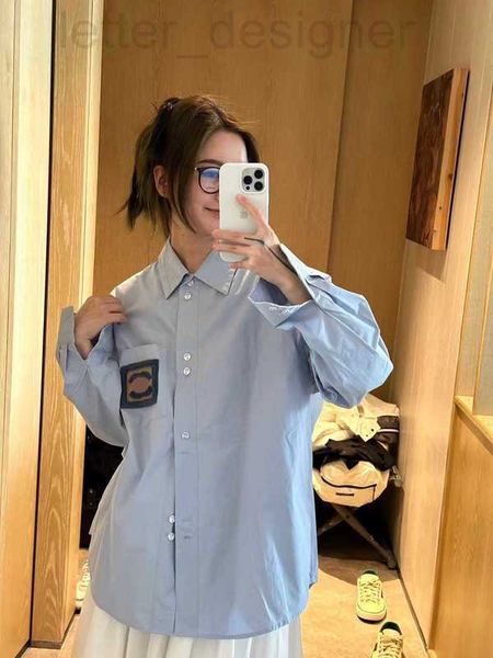 

women's blouses & shirts designer 23ss blue blouse women shirt womens clothing high neck lapel flocking embroidery pocket clothes q9jr, White