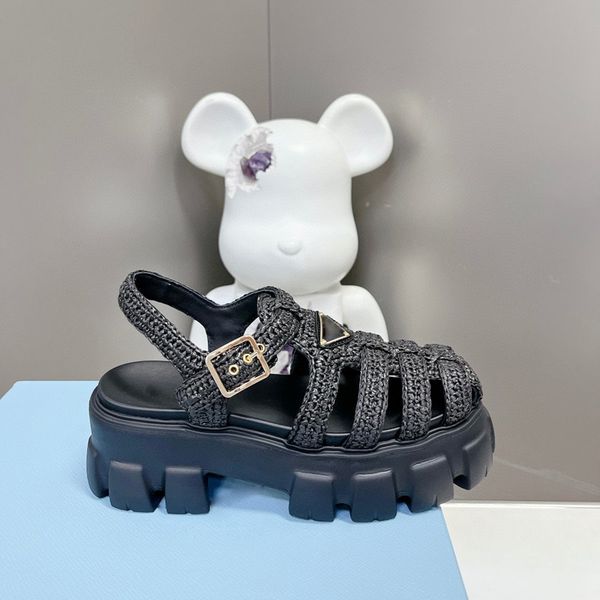 

designer lady raffia straw sandals rubber sandal womens fisherman platform slides triangle metal logo slippers retro beach loafers round toe, Black