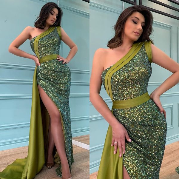 

fashion designer green prom dresses one shoulder sequins evening gowns slit pleats formal red carpet long special occasion party dress, Black