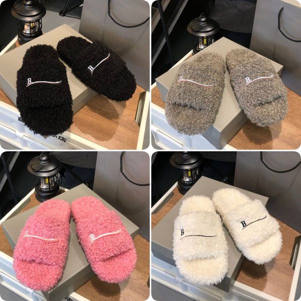 

luxury designers women ladies wool slippers slides winter fur fluffy furry warm letters sandals comfortable fuzzy girl flip flops womens sli, Black