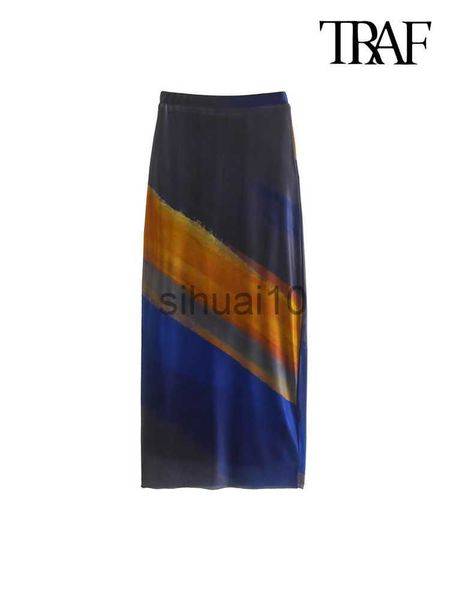 

skirts traf women fashion printed tulle midi skirt vintage high waist with elastic waistband female skirts mujer j230621, Black