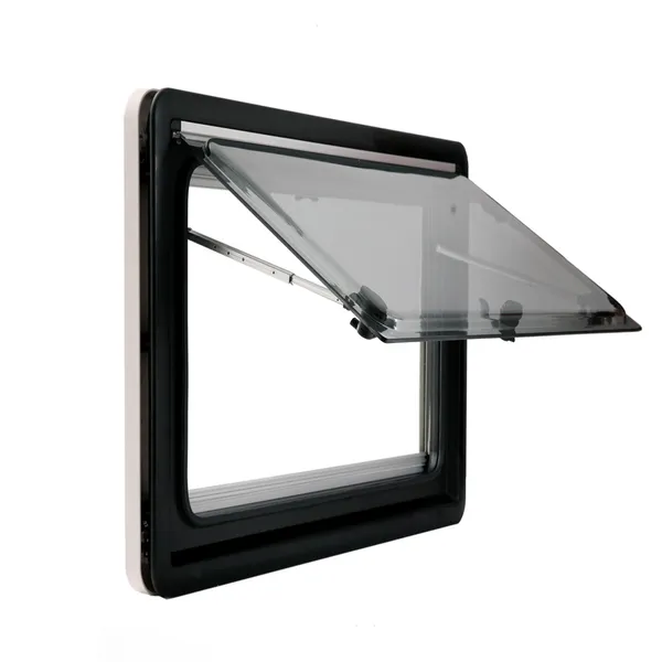 

hung side window right angle ventilation hatch with screen and blind rv caravan motorhome mg16rw