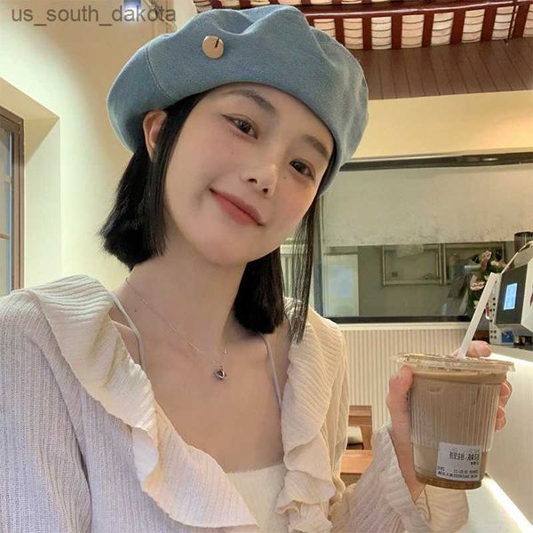 

jean beret women summer korean version versatile bud cap painter hat shopping decorate fashion solid color boina girl l230523, Blue;gray