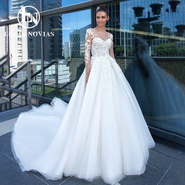 

a-line long sleeves wedding dress 2023 embroidery beading invisible neckline appliques covered button lace dress for bride vestidos de novia, White