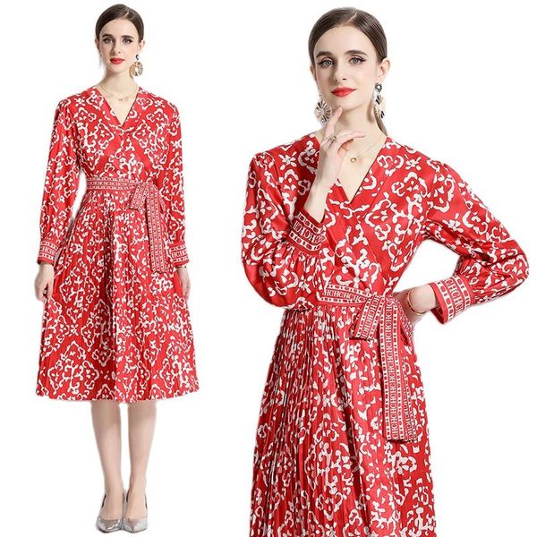

2023 elegant print v-neck midi red dress long sleeve women's designer vacation slim fit stylish bow surplice side tie dresses loose cas, Black;gray