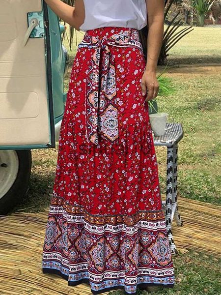 

skirts fashion floral print skirts women summer vintage elegant pleated long skirts boho casual bandage high waist holiday beach skirt j2306, Black
