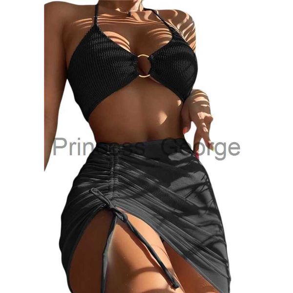 

women's plus size swimwear women three pieces summer swimsuit halter neck briefs beach skirt swimwear set for lady light blue black bi