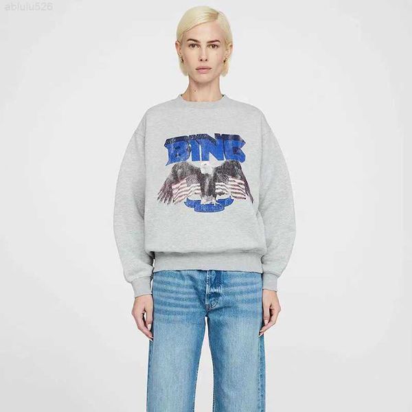 

anine bing women fleece sweatshirt niche classic eagle print hem worn designer sweater pullover hoodie wholesale factory high quality, Black