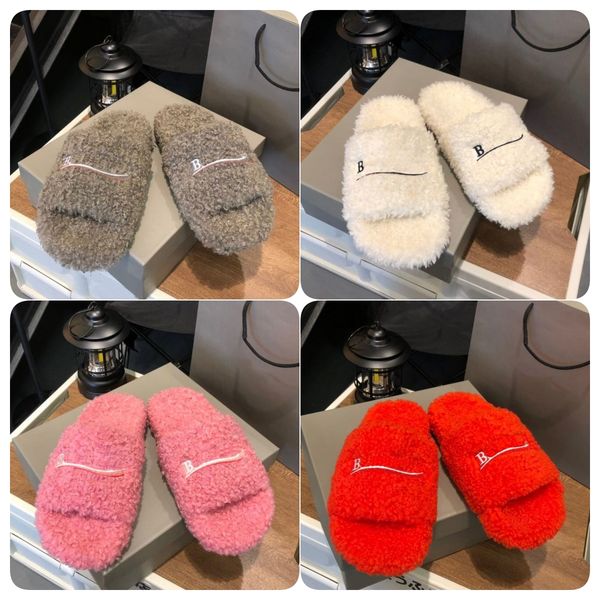 

designer luxury womens slippers ladies winter wool slides fur fluffy furry warm letters sandals comfortable fuzzy girl flip flop slipper siz, Black