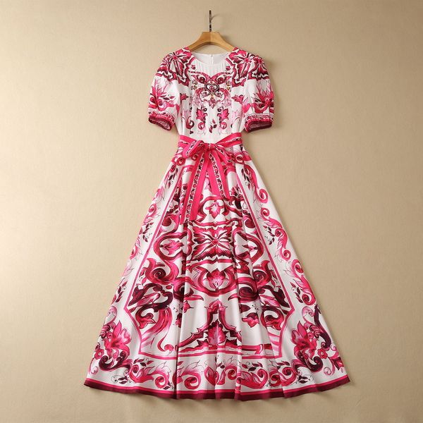 

european and american women's dress 2023 summer new style short sleeve heavy studded red court print fashion pleated dress, Black;gray