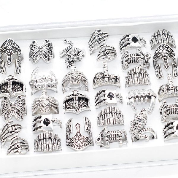 

wholesale 32pcs mix design animal skull vintage rings for men women antique silver metal plated punk gothic party gift jewelry, Golden;silver