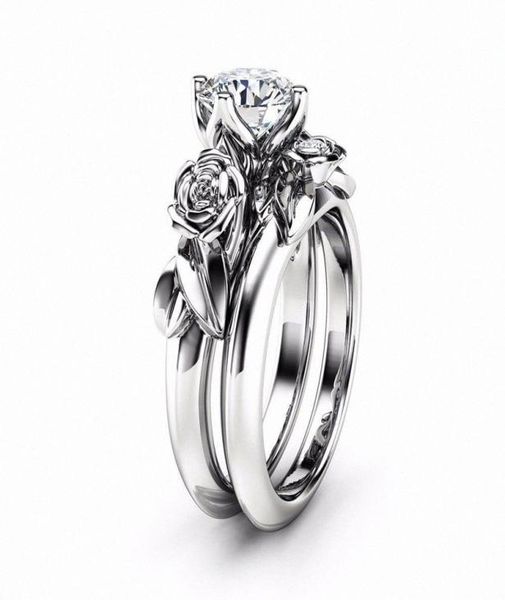 

amorui romantic rose flower women rings set goldsilver color cz stone wedding bands finger jewelry 2pcsset nqyu6116520, Golden;silver
