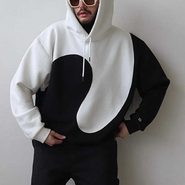 

new men's autumn clothing print casual trend loose hooded sweater coat (male), Black