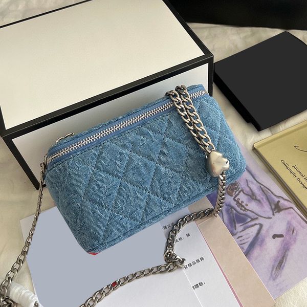 

vintage denim camellia trunk box vanity bag mirror silver metal chain crossbody shoulder handbag heart bead ball adjustable shoulder strap c