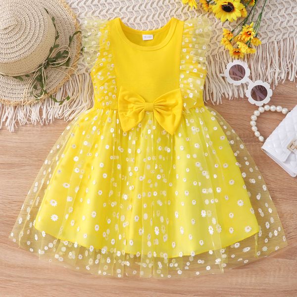 

girl's dresses 2023 new summer girls dress cotton cartoon splicing mesh party princess dresses for 2-6 years girls birthday clothes aa2, Red;yellow