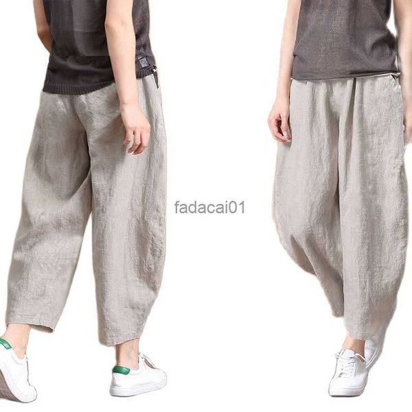 

cotton women pants summer nine cent large size anti cotton hemp elastic waist wide leg pants female casual pants trousers p3 221 l230621, Black;white