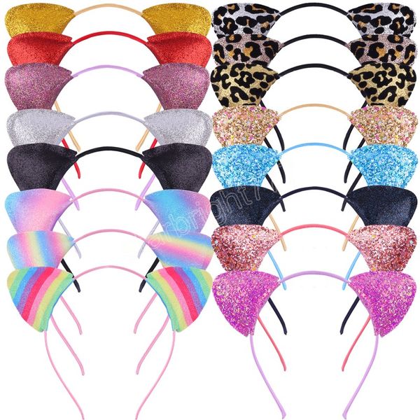 

cute children's kid sequined cartoon sweet two-sided headband leopard print girl headband cat ear accessories headwear, Slivery;white