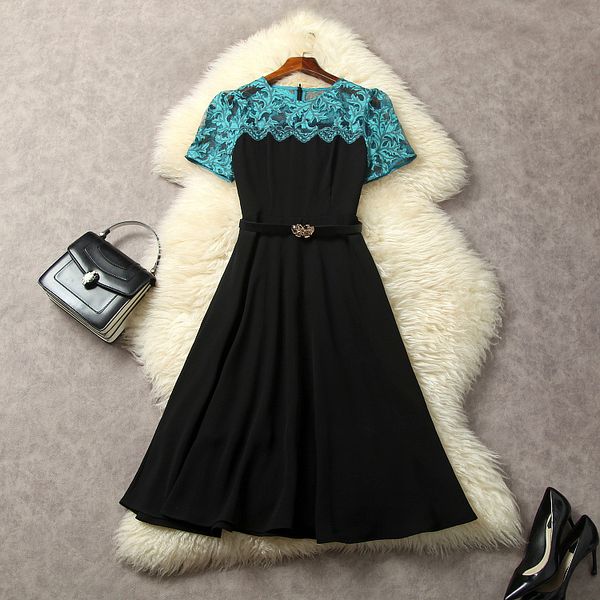 

european and american women's clothes 2023 summer new short sleeve lace patchwork pleats fashionable butterfly belt dress, Black;gray