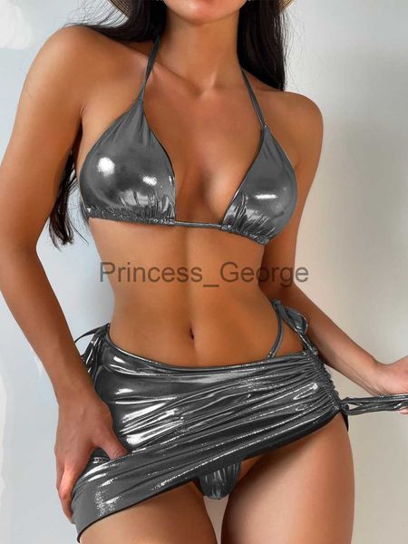 

women's plus size swimwear 3 piece bikini set women swimwear with skirt 2023 trend gold silver luxury glossy bathing suit women's, Black