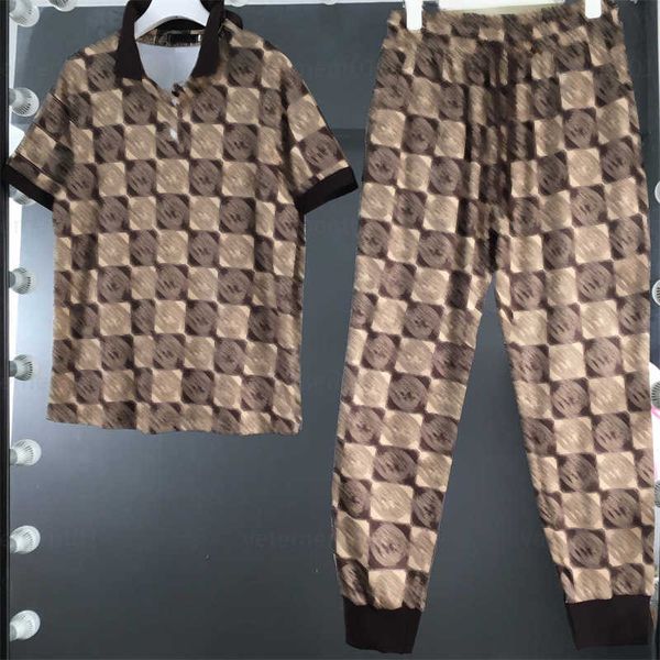 

summer 2 color designer t shirt two piece set classic plaid print fashion polo shirt casual elastic waist sports pants womens designers clot, Gray