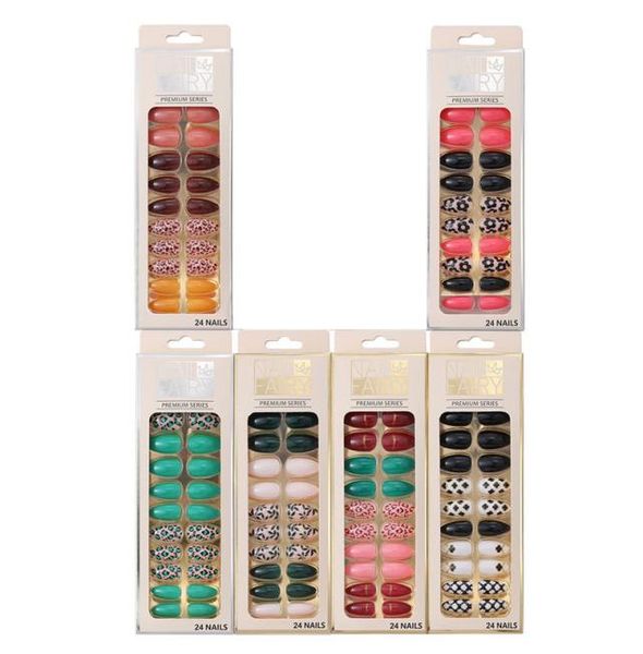

24pcsset leopard print fake nails long coffin false nail elegant shiny fluorescent acrylic fulll cover nail tips manicure6923630, Red;gold