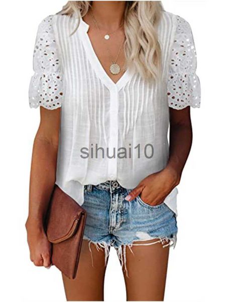 

women's blouses shirts women short sleeve solid v-neck hollow out lace patchwork pleated chiffon j230621, White