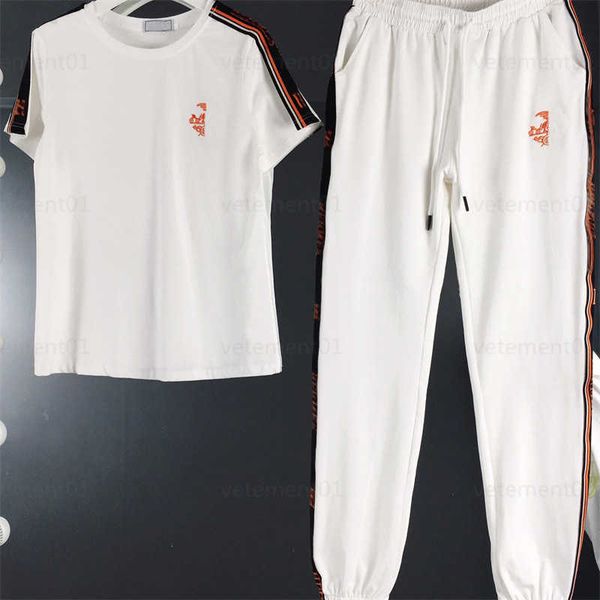 

women shirts suit two piece set classic pattern decorated round neck short-sleeved t shirt elastic waist casual long pants designer womens t, Gray