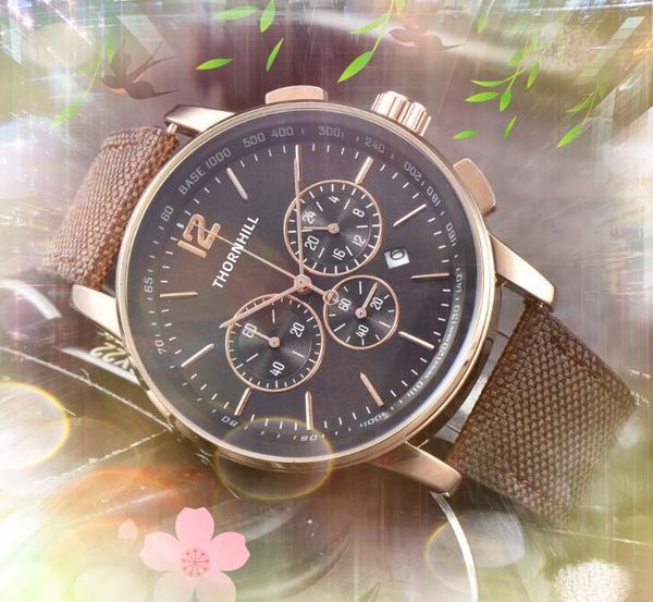 

popular mens three eyes dial watches satch 41mm fabric leather belt clock quartz movement chronograph vintage all the crime auto date wristw, Slivery;brown