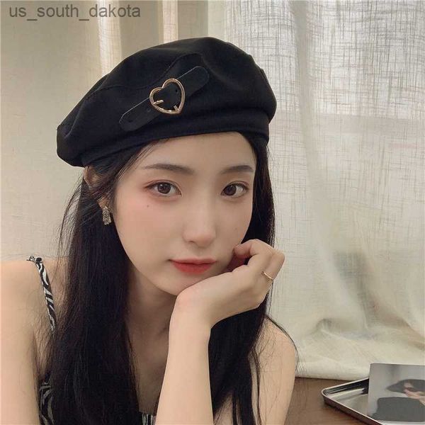 

new fashion berets black retro women's hats heart metal decor artist style elegent beret lady all matched autumn caps l230523, Blue;gray