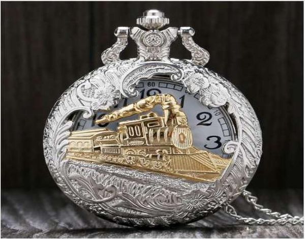 

vintage silver charming gold train carved openable hollow steampunk quartz pocket watch men women necklace pendant clock gifts5055299, Slivery;golden