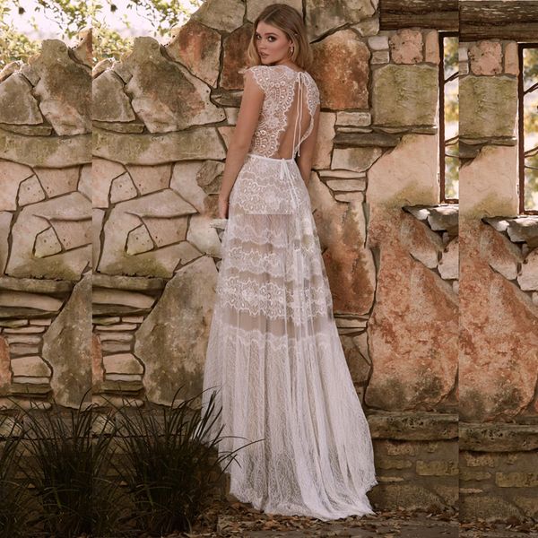 

petite silver colorful lace beach wedding dresses with short sleeves deep illusion back bridal wedding gown country dress for bride, White
