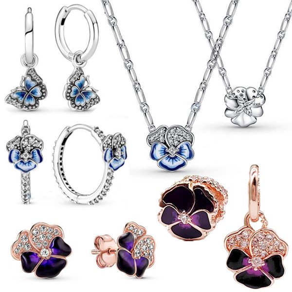 

new 925 sterling silver pendant necklaces blue pansy flower butterfly sparkling charms diy fit original pandora earrings bracelet for women