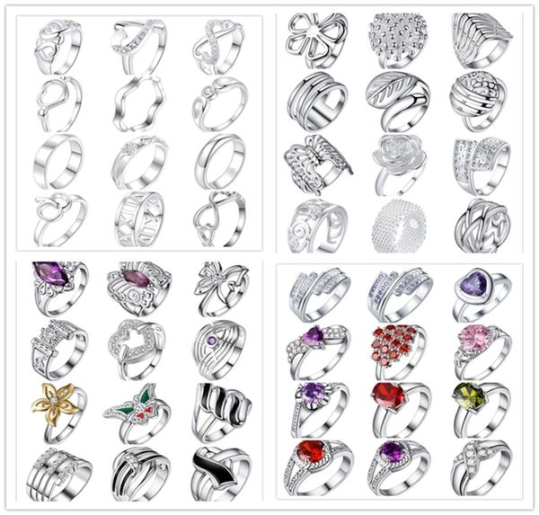 

48pcslot mixed style 925 sterling silver plated finger ring with zircon fashion cute party gift jewelry for women mixed size wjl15139812, Golden;silver