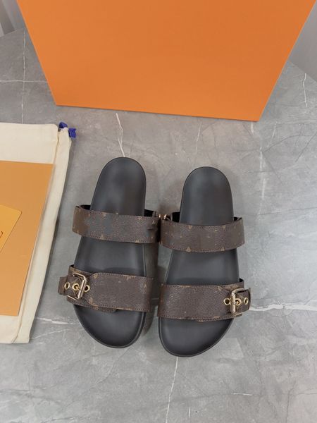 

2023 slippers bom dia flat mule cool effortlessly stylish slides 2 straps with adjusted gold buckles women men summer shoes, Black