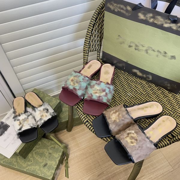 

2023 designer slippers summer women's fashion g metal buckle slides low heel flats high-grade jacquard canvas leather sandals peep-toe, Black