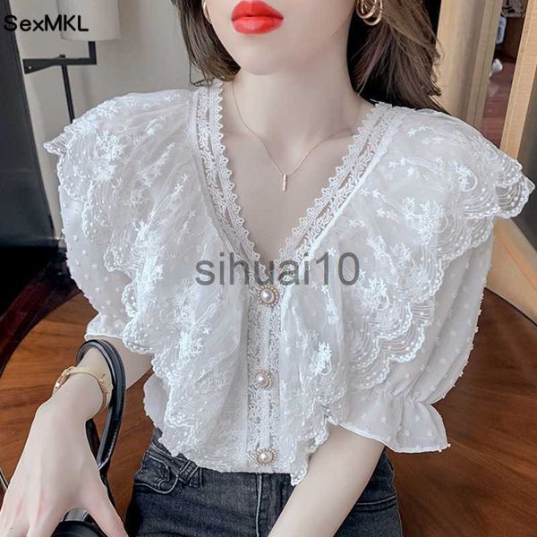 

women's blouses shirts vintage summer lace women 2023 elegant fashion casual ruffles white blusas mujer korean clothing v neck chiffon