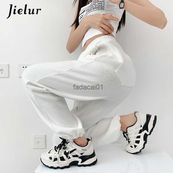 

jielur korean white blue pants women high waist loose drawstring harem pants casual comfortable female sports street pants sxl l230621, Black;white