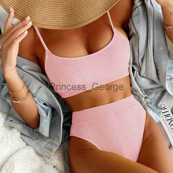 

women's plus size swimwear rib bikini set 2023 new solid high waist bikinis swimsuit for women beach bathing suit summer fashion bandea, Black
