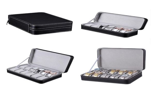 

watch boxes cases 61012 slots box pu leather portable zipper quartz watches case holder organizer black jewelry display gift3453846, Black;blue