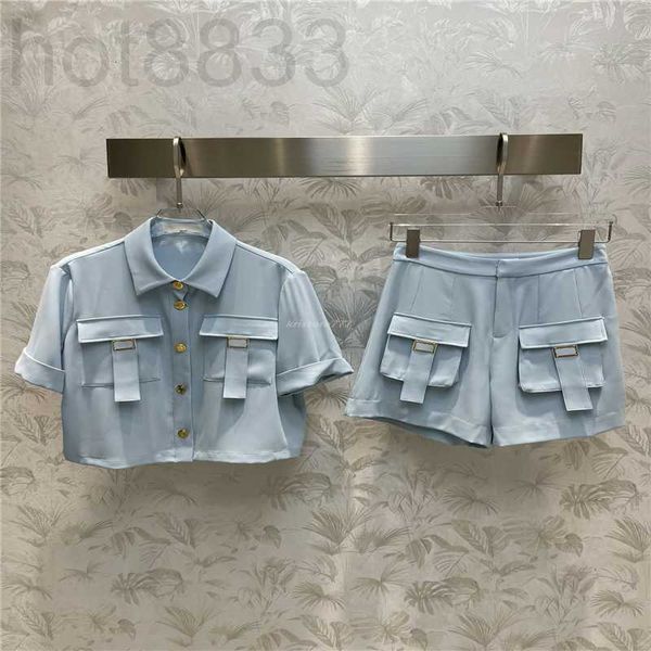 

women's two piece pants designer women sets girls oversized brand metal button outwear blouse shirts crop t shirt letters pocket loose, White