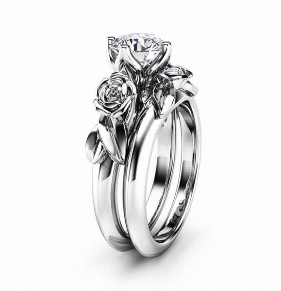 

amorui romantic rose flower women rings set goldsilver color cz stone wedding bands finger jewelry 2pcsset nqyu5362324, Golden;silver