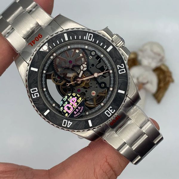 

new model skeleton dial asia mechanical movement mens wristwatches 44mm mechanical transparent automatic mens watches, Slivery;brown