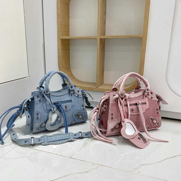 

net red small crowd denim velvet motorcycle bag yi mengling same rivet handbag versatile one shoulder crossbody pillow bag